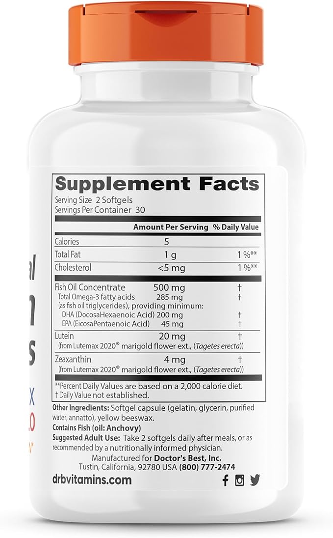 Doctor's BEST Natural Vision Enhancers contain Lutemax 2020, Supports Eye Health, Sharper Vision, Helps Filter Out Blue-Light, 60 Softgels