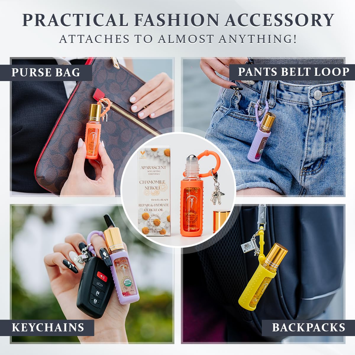 Chamomile Neroli Organic Nail Cuticle Oil Pen with Jojoba, Coconut MCT, and Rosehip for Nail Hydration, Growth & Strength, Travel Size Keychain(0.34 Fl Oz)