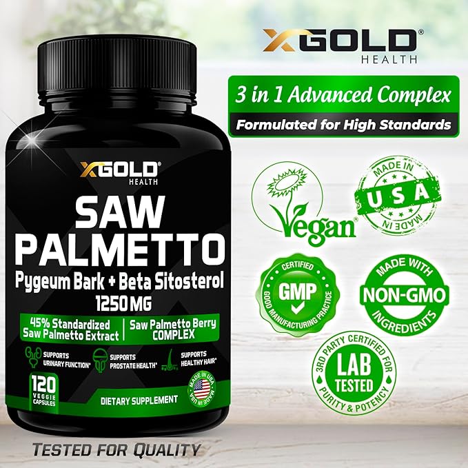 X Gold Health Saw Palmetto Prostate Supplement for Men | Pygeum Bark | Beta Sitosterol Supplement | Potent 3X Formula | Urinary Function Prostate | DHT Blocker Hair Growth | 4 Month Supply Male Pills