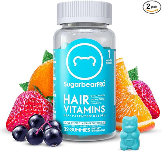 Sugarbear Hair Vitamin Gummy 1 Month Supply Extra Strength Biotin 6000mcg, Growth for Men & Women, Vegan Vitamin B12, MSM, Inositol, Omega 3, Elderberry, Certified Kosher, Halal, Cruelty-Free
