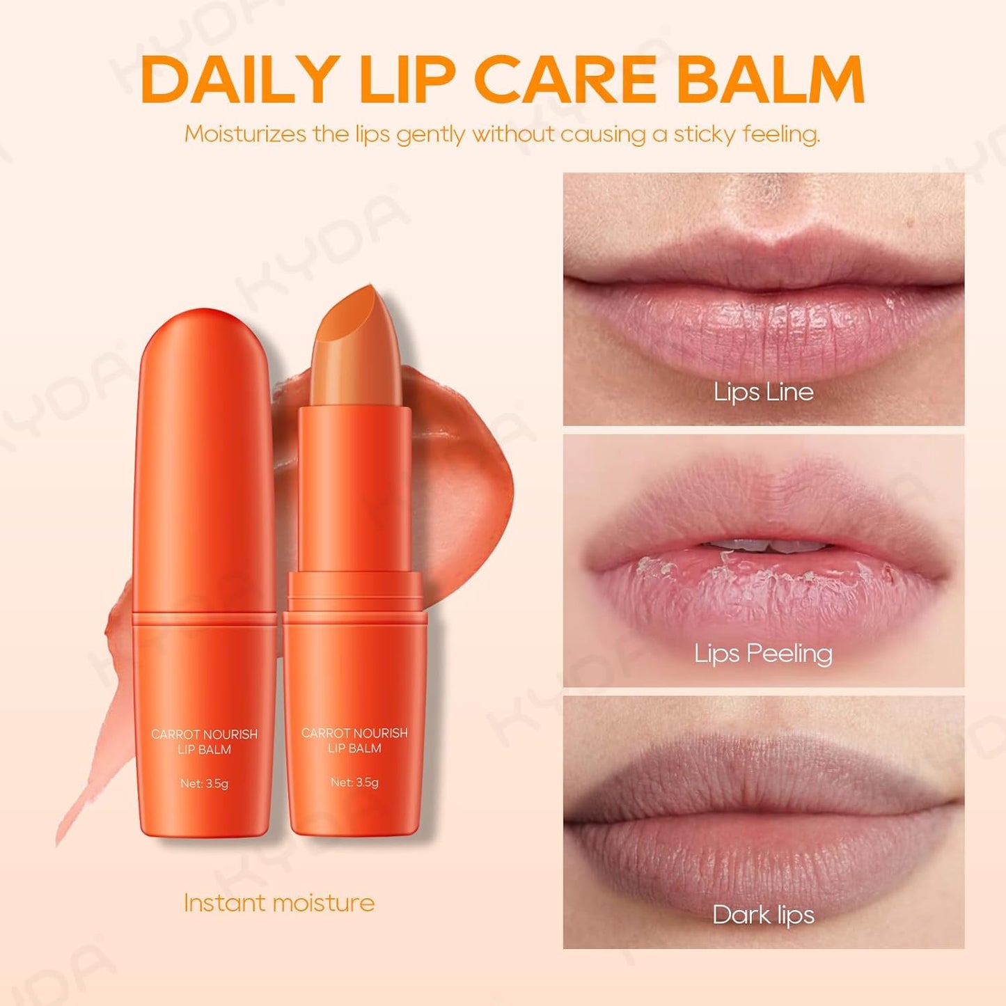 KYDA 3 Pcs Carrot Moisturizing Lip Balm, Moisturizing Lipstick Stick for Dry Cracked Lips, Deep Hydrating Lip Care Balm, Reduce Fine Lines, Daily Lip Moisturizer