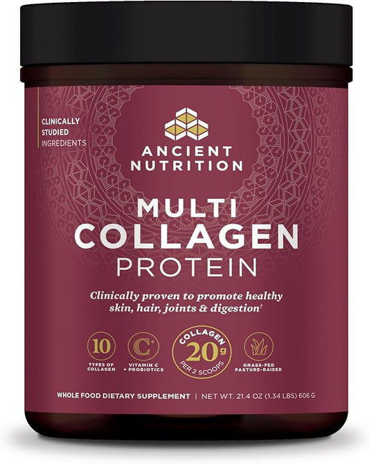 Ancient Nutrition Collagen Powder Protein with Probiotics, Multi Collagen Protein, Unflavored, 60 Servings, Hydrolyzed Collagen Peptides Supports Skin and Gut Health, Joint Supplement, 21.38oz