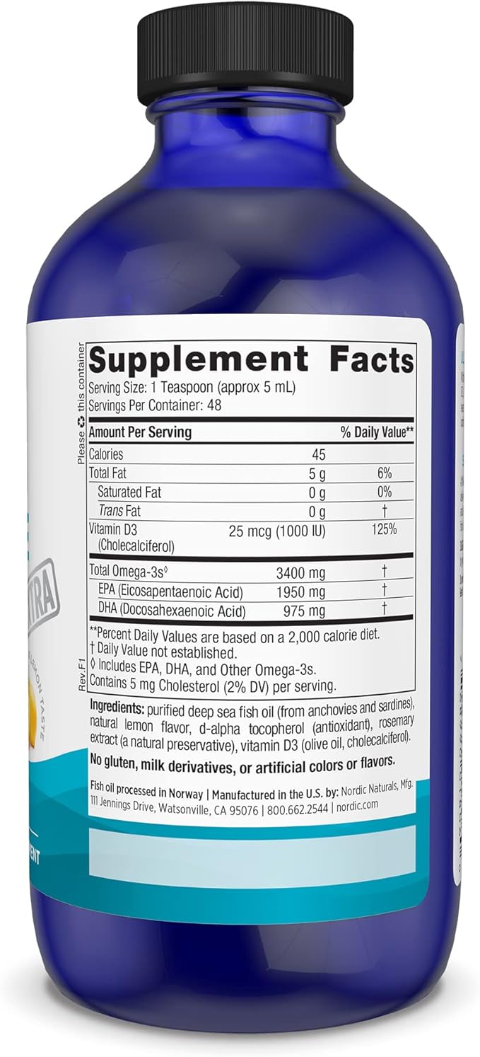 Nordic Naturals Ultimate Omega Xtra Liquid, Lemon Flavor - 8 oz - 3400 mg Omega-3 + 1000 IU Vitamin D3 - Omega-3 Fish Oil - EPA & DHA - Brain, Heart, Joint, & Immune Health - Non-GMO - 48 Servings