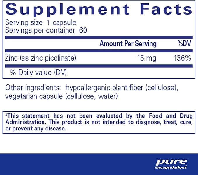 Pure Encapsulations Zinc 15 mg - Zinc Picolinate Supplement for Immune System Support, Growth & Development - for Wound Healing - with Premium Zinc Picolinate - 60 Capsules