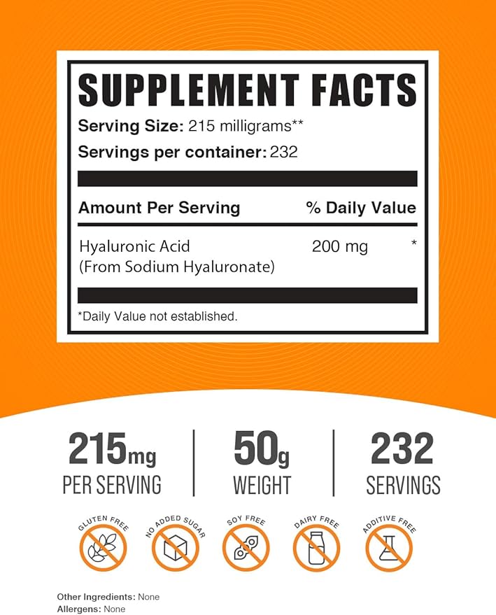BulkSupplements.com Hyaluronic Acid Powder - Hyaluronic Acid Supplements, Hyaluronic Acid 215mg - Hyaluronic Acid Food Grade, Gluten Free - 215mg per Serving, 50g (1.8 oz) (Pack of 1)