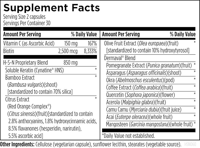 Designs for Health H-S-N Radiance - Hair Skin Nails Vitamins for Women and Men - Promote Healthy Hair, Skin Elasticity & Strong Nails with Vitamin C, Biotin, Keratin & Botanicals (60 Capsules)