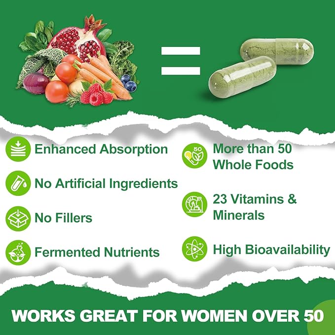 Multivitamin for Women 50 and Over, Whole Food Multivitamins Minerals Organic Extracts Women's 50+ Multivitamin for Energy Support, Nourish Hair, Skin, Nails Health, 60 Capsules