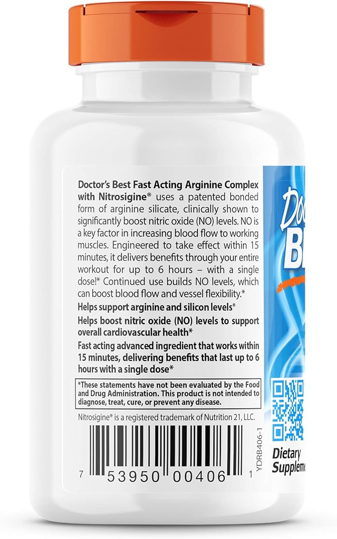 Doctor's Best Fast Acting Arginine Complex w/Nitrosigine, Boost Nitric Oxide, Blood Flow & Vessel Flexibility, Non-GMO, Vegan, Gluten Free, 750mg, White (DRB-00406), Tablet, 60 count