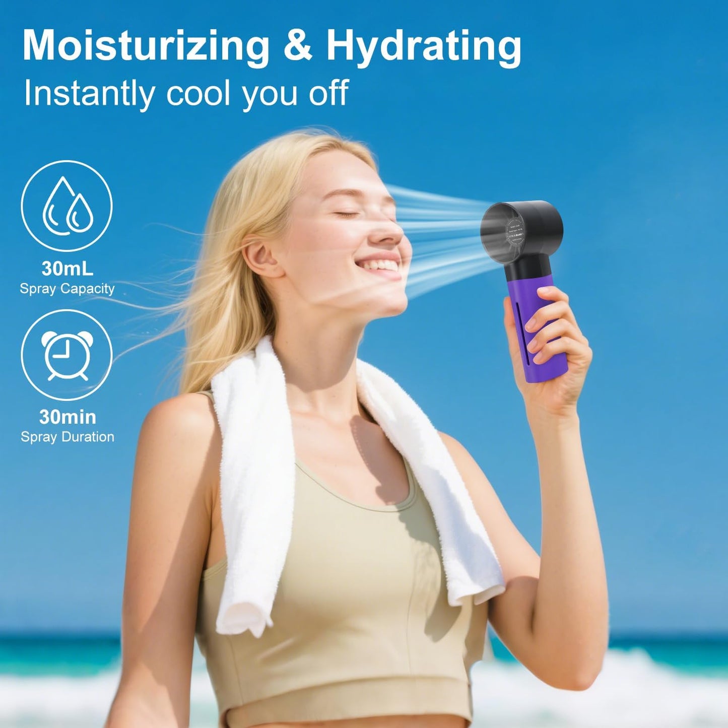 Portable mini spray fan, rechargeable hand-held humidification and water fan, 5-speed 30ML water tank, suitable for travel, beach use handheld spray fans