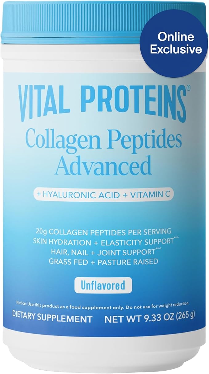 Vital Proteins Grass Fed Collagen Powder Supplement Hydrolyzed Peptides with Hyaluronic Acid and Vitamin C - Non-GMO, Dairy & Gluten Free Unflavored, 9.33oz