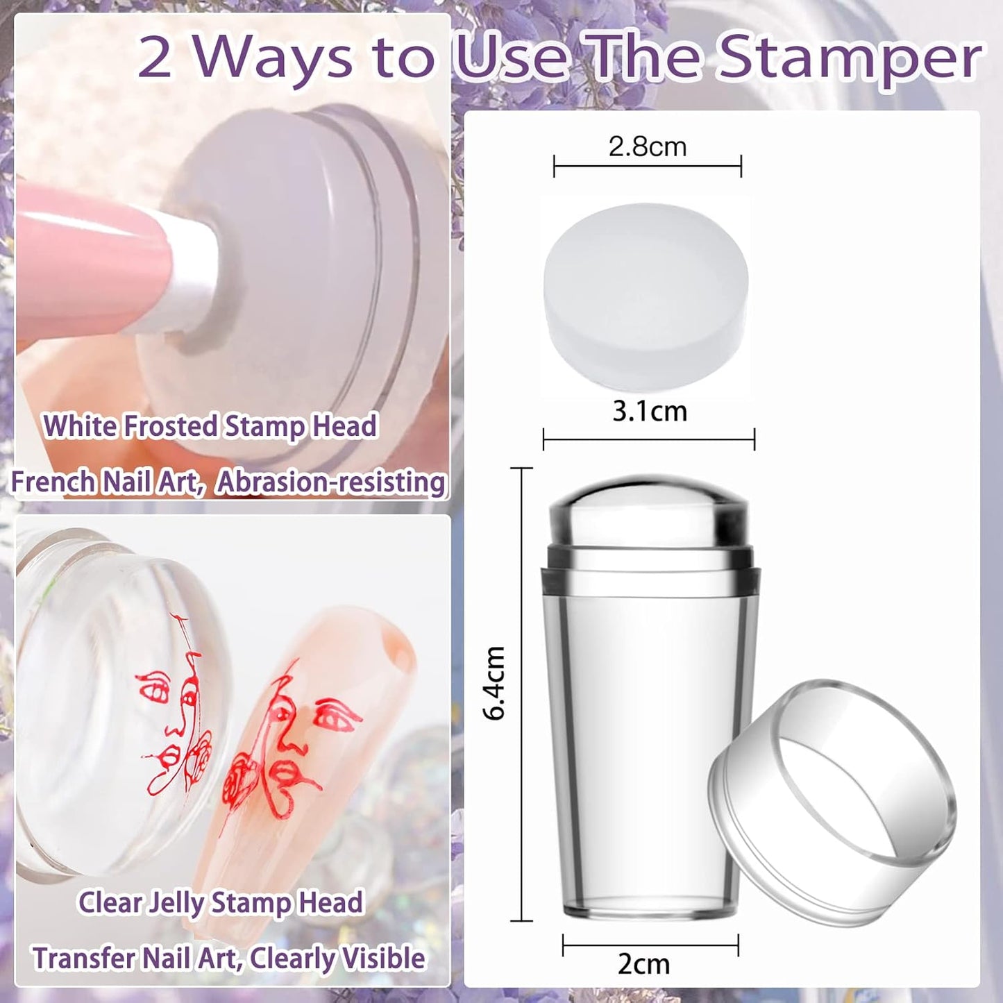 Biutee Nail Stamper Kit Nail Art Stamping Plate Set Stamping Polish Gel Stamp Plate Jelly Silicone Stamper Scraper Flower Lace Line Kiss Stencil Template Tool Supplies for Holiday (Storage Bag)