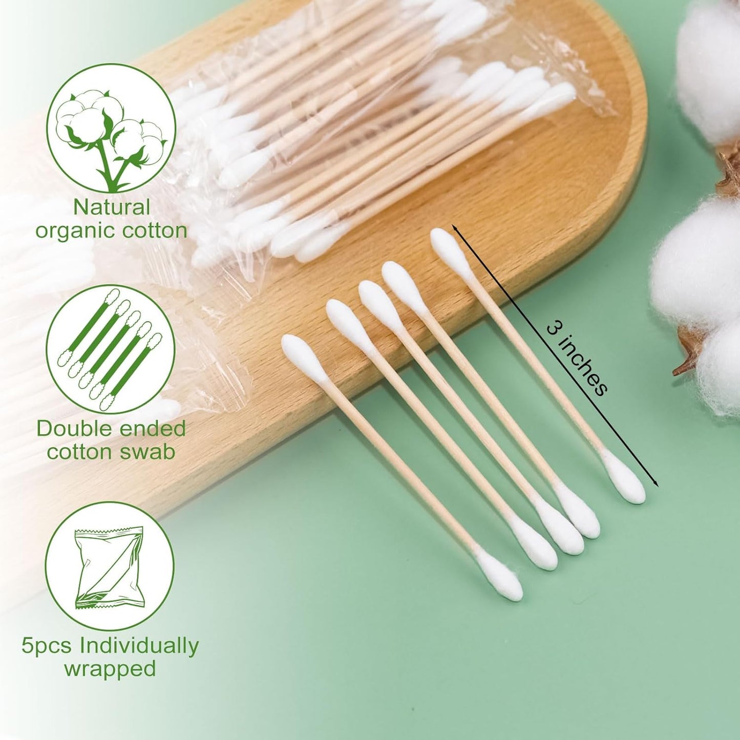 Cotton Swabs Individually Wrapped Cotton Swab Organic Travel Double Tipped Bamboo Sticks for Ear, Make-up Double Round Shape 5PCS per Bag