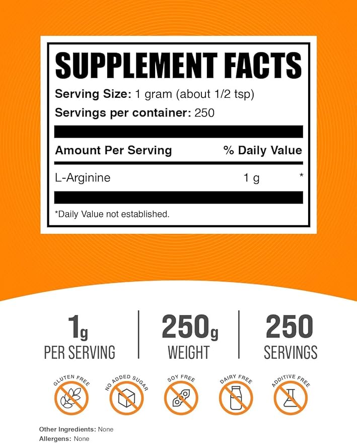 BulkSupplements.com L-Arginine Powder - Arginine 1000mg, Arginine Supplement - Nitric Oxide Supplement, Unflavored & Gluten Free, 1000mg per Serving, 250g (8.8 oz) (Pack of 1)
