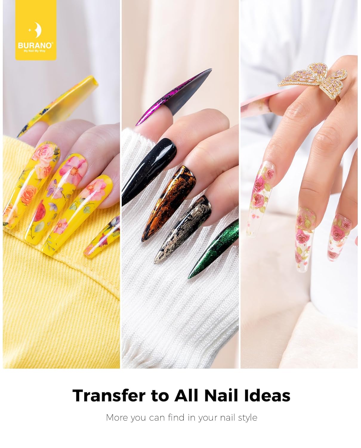 BURANO Nail Art Nail Foil Glue Gel, o.5 oz with 10PCS Foil Stickers Set Nail Foil Glue for Nails Foil Transfer Gel, Nail Design DIY UV LED Lamp Required (Flower Foil 10)