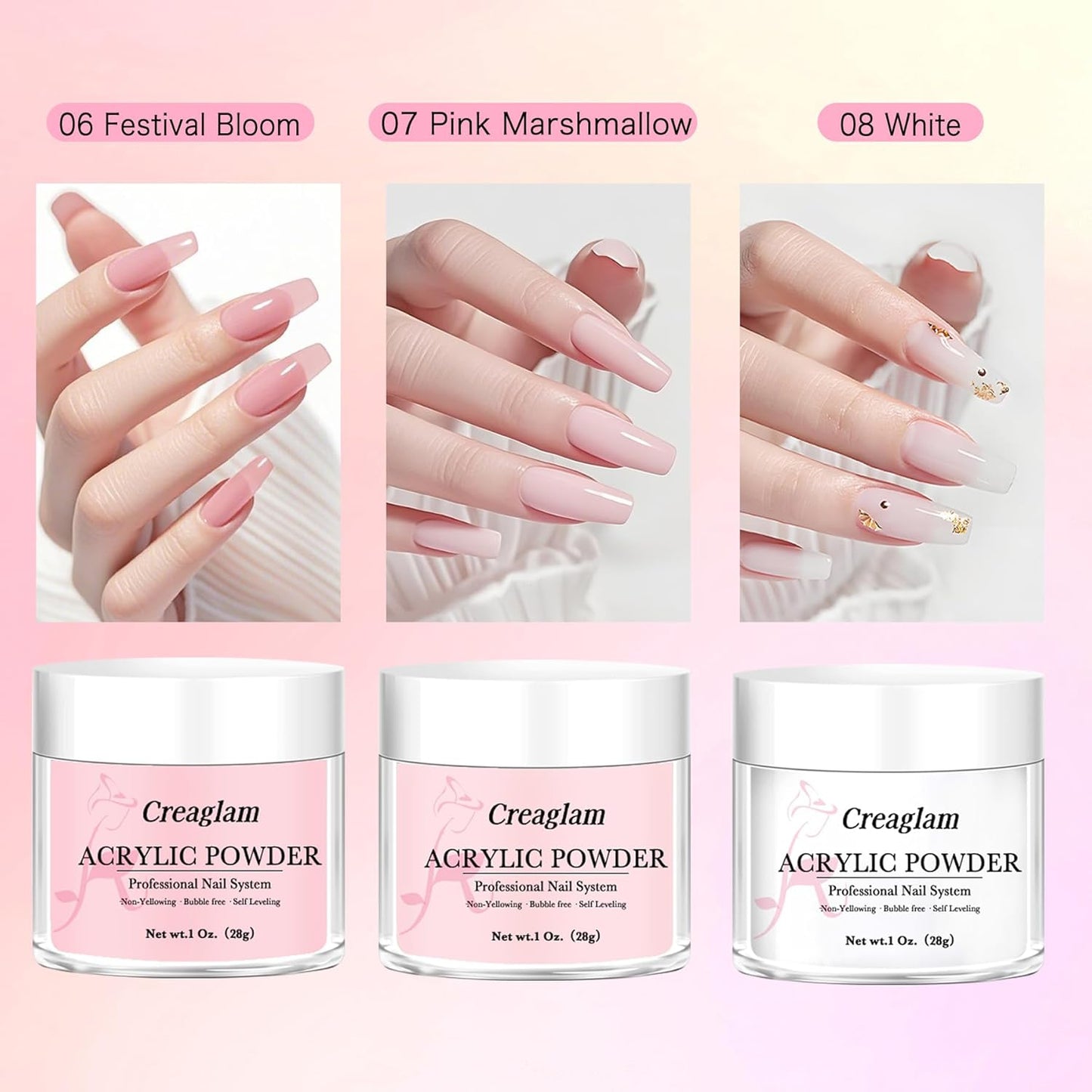 Acrylic Powder Large Capacity: 3Pcs 1 Oz. Festival Bloom Pink Marshmallow Super Nail Polymer for 3D Art Carving French Extension - 28g White Professional Acrylic Powder No Need Lamp