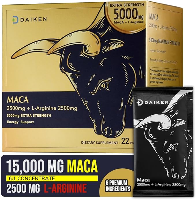 DAIKEN Peruvian Maca Root Powder Extra Strength 15,000 mg, Gelatinized Black, Red, Yellow Maca Blend with L-Arginine (2,500 mg) for Men and Women, Superior Absorption, Vegan, Lab Tested - 22 Packets