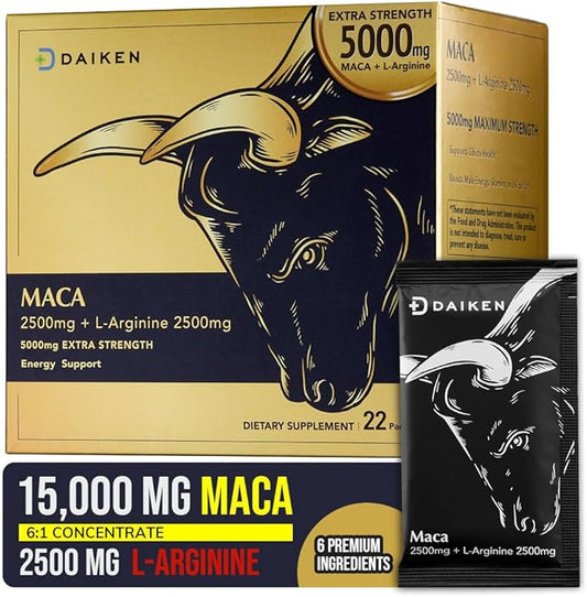 DAIKEN Peruvian Maca Root Powder Extra Strength 15,000 mg, Gelatinized Black, Red, Yellow Maca Blend with L-Arginine (2,500 mg) for Men and Women, Superior Absorption, Vegan, Lab Tested - 22 Packets