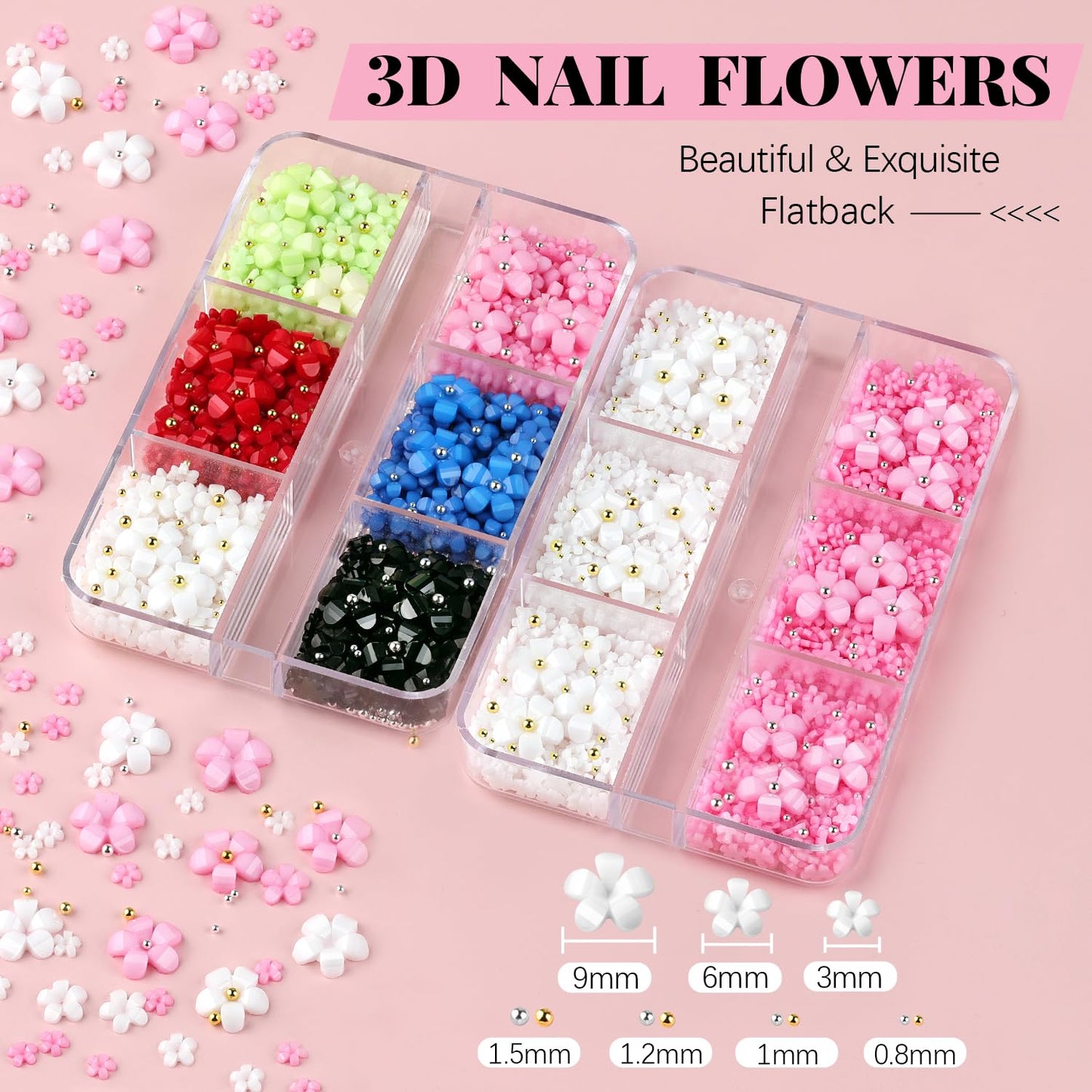 3D Flowers, Manicure Kit with Gel Glue, Colorful Acrylic Flower Nail Charms with Caviar Beads, Rhinestones + Gem Glue for Nails (UV/LED Needed) with Dotting & Pickup Tools