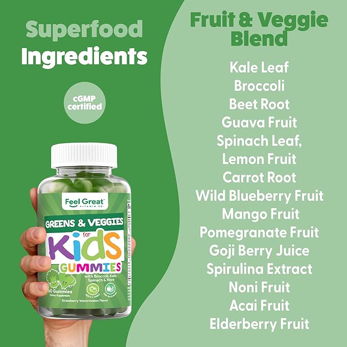Feel Great Super Green Gummies for Kids | Fruit and Vegetable Gummies | Vegan Veggie Gummy Multivitamin for Kids | Veggie Fiber Supplement | 60 Count