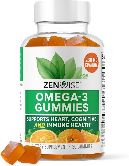 Zenwise Health Omega-3 Orange Tangerine Gummies 200mg Omega 3 DHA/EPAm 75mg Fish Oil Based Omega 3-6-9 for Heart, Brain,Joints, and Immune System Health - 30 Count