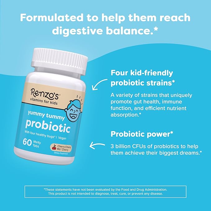 Renzo's Kids Probiotic - Dissolvable Probiotics for Digestive Health & Immune Support - 60 Cherry-Flavored Melty Tabs