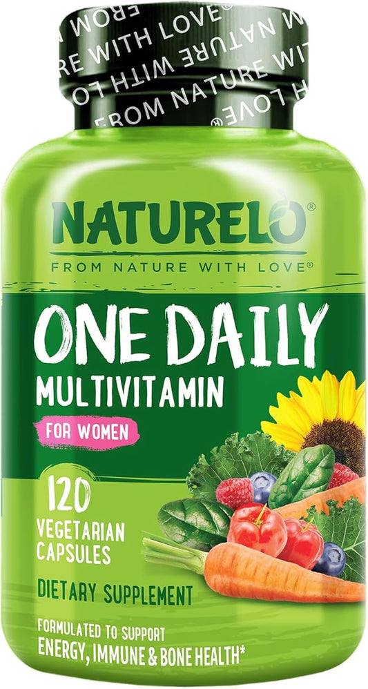 NATURELO One Daily Multivitamin for Women - Energy Support - Whole Food Supplement to Nourish Hair, Skin, Nails - Non-GMO - No Soy - Gluten Free - 120 Capsules - 4 Month Supply