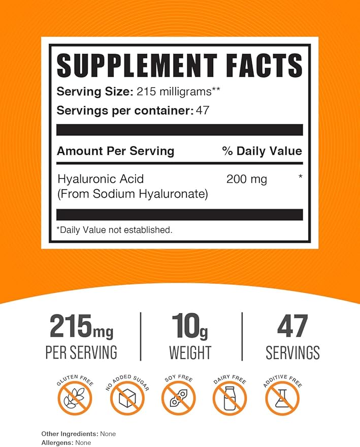 BulkSupplements.com Hyaluronic Acid Powder - Hyaluronic Acid Supplements, Hyaluronic Acid 215mg - Hyaluronic Acid Food Grade, Gluten Free - 215mg per Serving, 10g (0.35 oz) (Pack of 1)