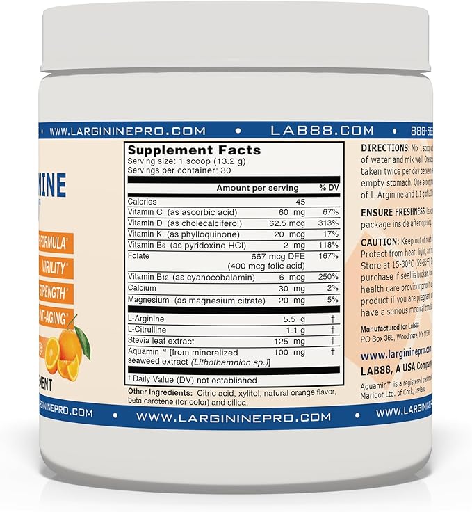 L-ARGININE PRO | L-arginine Supplement Drink Mix Powder | 5,500mg of L-arginine Plus 1,100mg L-Citrulline (1, Orange)