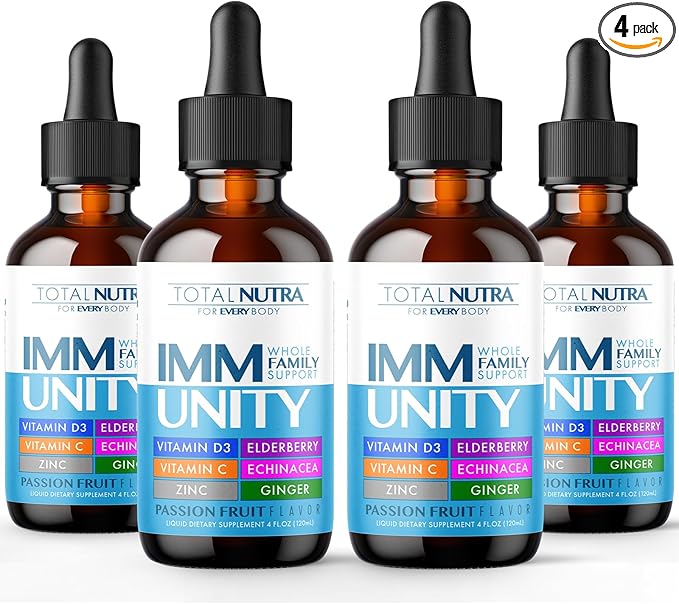 6-in-1 Liquid Multivitamin Supplement | 100% Daily Zinc, Vitamin D3 and Vitamin C Immunity Drops | Elderberry, Echinacea & Ginger Defense Support for Adults & Kids (Passion Fruit, 4oz-4pk)