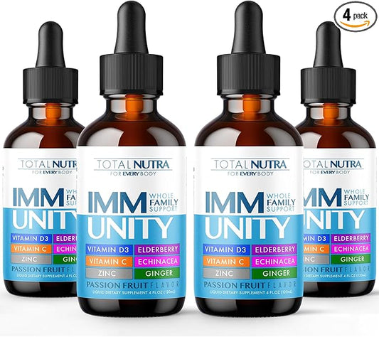 6-in-1 Liquid Multivitamin Supplement | 100% Daily Zinc, Vitamin D3 and Vitamin C Immunity Drops | Elderberry, Echinacea & Ginger Defense Support for Adults & Kids (Passion Fruit, 4oz-4pk)