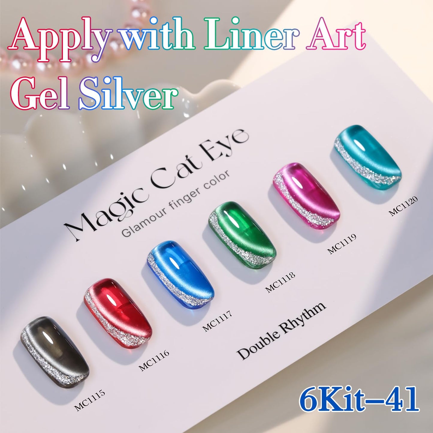 Double Rhythm Cat Eye Gel Polish Set 6 Colors Shimmer Glitter with Magnet Holographic Reflective Magnetic UV Gel Polish Art Kit (Black Burgundy Green Navy 6-Kit 41)