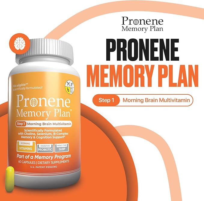 PRONENE Memory Plan (60 ct) Morning Brain Multivitamin | Nootropic Supplement w/Choline, Selenium, Folic Acid, D, & B Vitamins | Optimized nutrients Support Brain, Immunity & Memory.