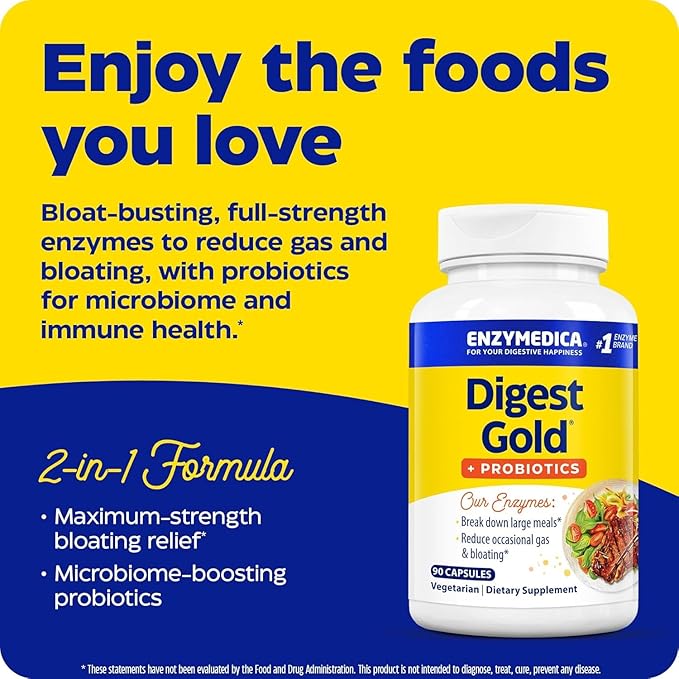 Enzymedica Digest Gold + Probiotics, 2-in-1 Formula for Gut Health, Digestive Enzymes & 1.5 Billion Active Probiotic Cultures, 90 Count