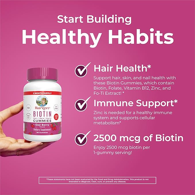 MaryRuth Organics Biotin Gummies | Sugar Free | Vegan | Non-GMO | 2,500 mcg Biotin Supplement | Hair Skin and Nails Vitamins | Hair Growth Vitamins | Hair Growth Supplement | 60 Count