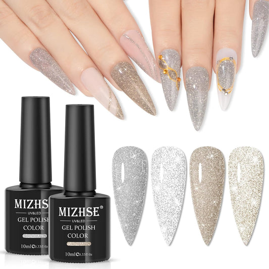 MIZHSE Reflective Gel Nail Polish, Glitter Silver and Gold Gel Polish 2 Colors, Sparkle Shiny Diamond Nail Gel Manicure Set Nail Art at Home Salon 10ML