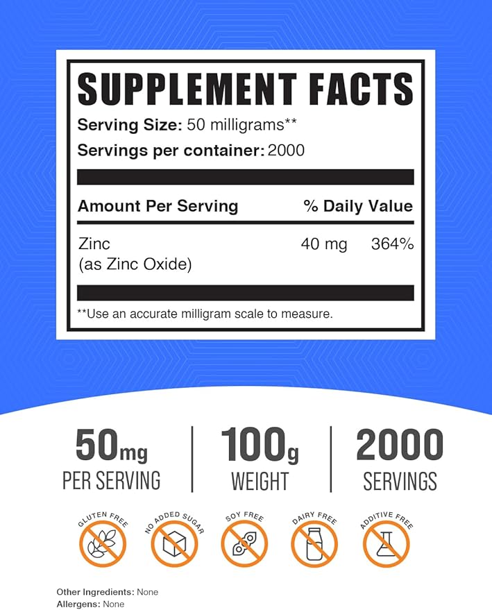 BulkSupplements.com Zinc Oxide Powder - Zinc 40mg, Zinc Oxide Supplement, Zinc Powder for Immune Support - Gluten Free, 50mg per Serving, 100g (3.5 oz) (Pack of 1)