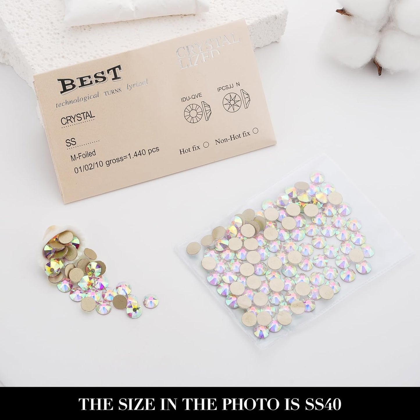 Novani Crystal AB Rhinestones 144pcs Flat Back Round Rhinestone Style 2088 Sparkly Crystal Gemstones for Nail Art and Crafting SS40,8.4-8.7mm