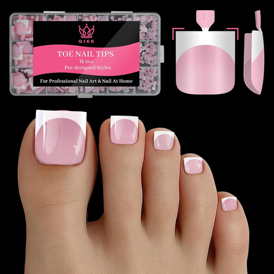 Press On Toenails for Women French Tips, Sharp Square Pre-applied Primer & Base Coat Toe Nail Press Ons Baby Pink Full Cover Fake Tips Extension 15 Sizes 270 Pcs, Builder Nail Gel & Top Coat Required