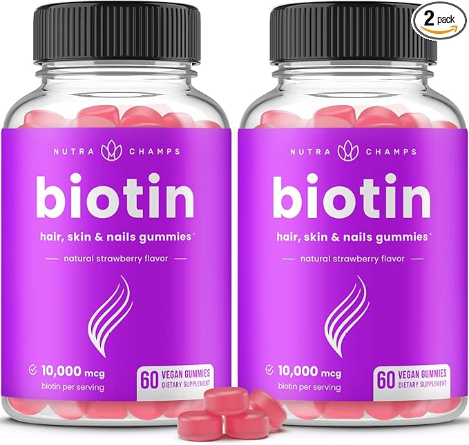 NutraChamps (2 Pack) Biotin Gummies 10,000mcg [High Potency] for Healthy Hair, Skin & Nails for Adults & Kids - 5000mcg in Each Gummy Vitamin - Vegan, Non-GMO, Pectin-Based Hair Health Supplement