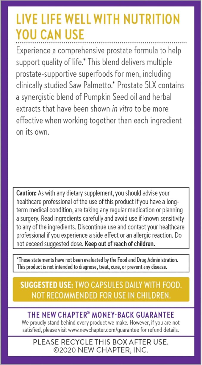 New Chapter Prostate Supplement - Prostate 5LX™ with Clinical Strength Saw Palmetto + Fermented Selenium for Prostate Health - 60 ct Vegetarian Capsule