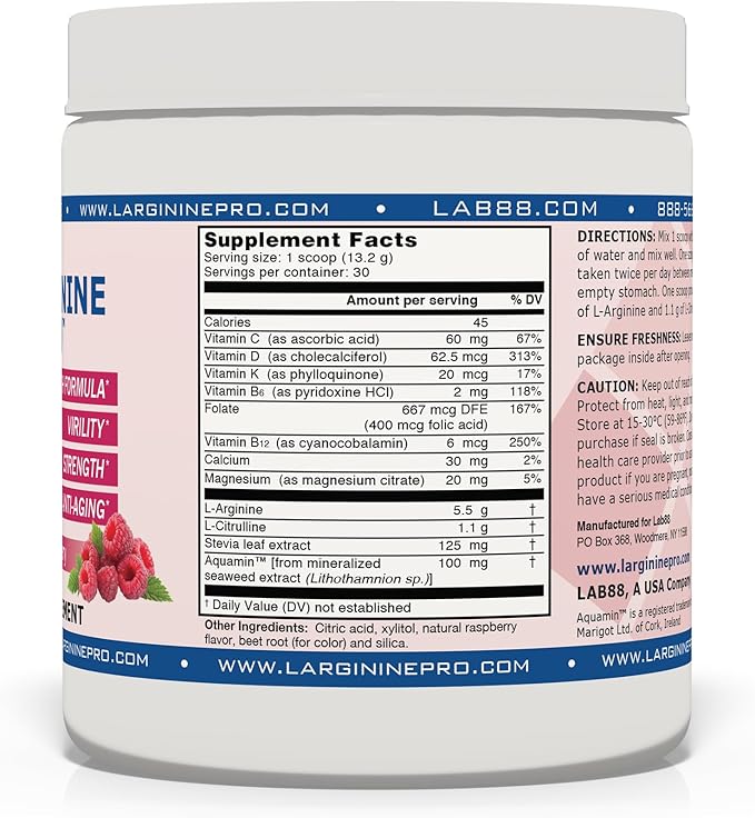 L-ARGININE PRO | L-arginine Supplement Drink Mix Powder | 5,500mg of L-arginine Plus 1,100mg L-Citrulline (Raspberry, 1 Jar)