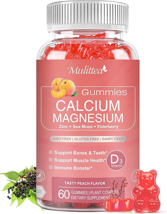 1200mg Calcium Gummies with D3,K2,Zinc - Plant Complex Calcium Magnesium Supplement with Glycinate,Potassium,Vitamin C &Whole Natural Food for Bone & Immune Support- 60 Chewable Gummy Sugar-Free