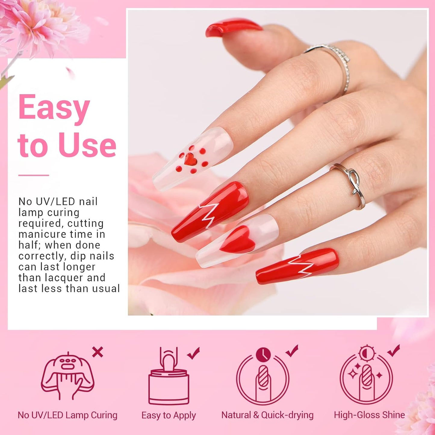 AZUREBEAUTY Dip Nails Powder Starter Kit, 4 Colors Pink Red Black Clear Dipping Powder System Liquid Set Recycling Tray with Base & Top Coat Activator Manicure Kit for Valentine's Day Gift.