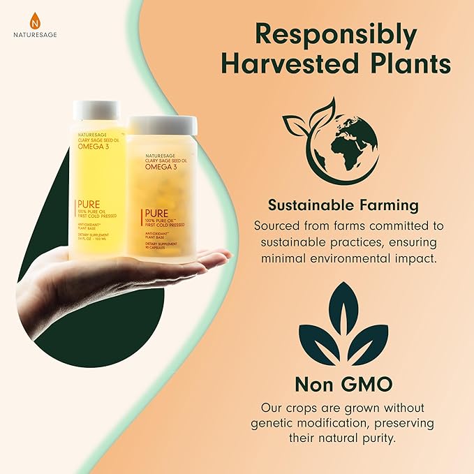 Pure Vegan Liquid Omega 3 Oil, Plant-Based Alternative to Omega 3 Fish Oil, 3.4 fl. oz. – Cold Pressed from Clary Sage Seed – Kosher - Omega 3 Fatty Acid Supplement with Antioxidants