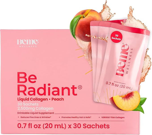 BeMe Liquid Collagen Drink, Be Radiant (Peach) - Liquid Collagen for Women & Men - Drinkable Supplement with Collagen Peptides, Biotin, & Vitamin C Supports Hair, Nail, & Skin Health - 30 Sachets
