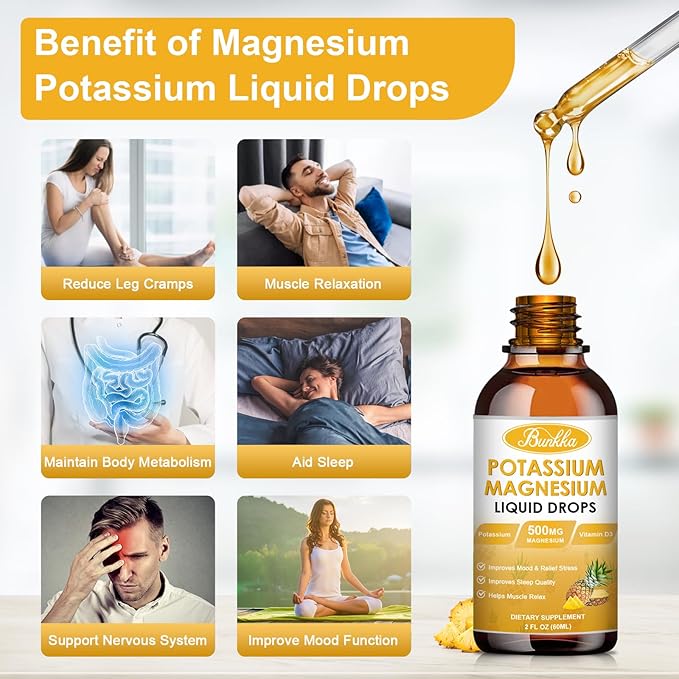 Potassium Magnesium Supplement, 99mg Potassium Supplement with Magnesium, Calcium, Vitamin D3, Zinc, Sugar Free & Vegan Liquid Drops Supplement for Leg Cramps, Energy, Metabolism, for Adult and Kid