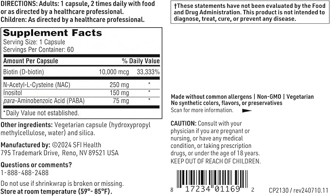 Klaire Labs Hair and Nails Formula - 10000 Micrograms Soy & Dairy-Free Biotin Complex with Inositol & PABA (60 Capsules)