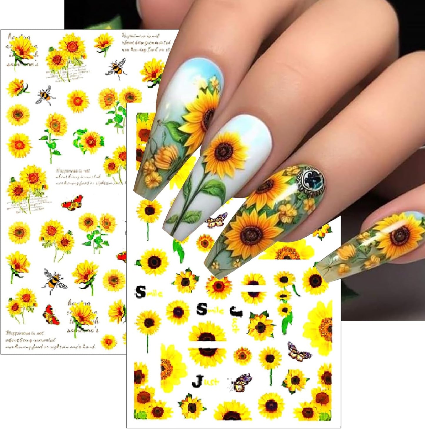 8 Sheets Sunflower Nail Art Stickers 3D Self-Adhesive Cute Yellow Bee Butterfly Spring Summer Sunshine Floral Design Small Daisy Flowers Nails Decals for Women Girls Summer Manicure Decoration