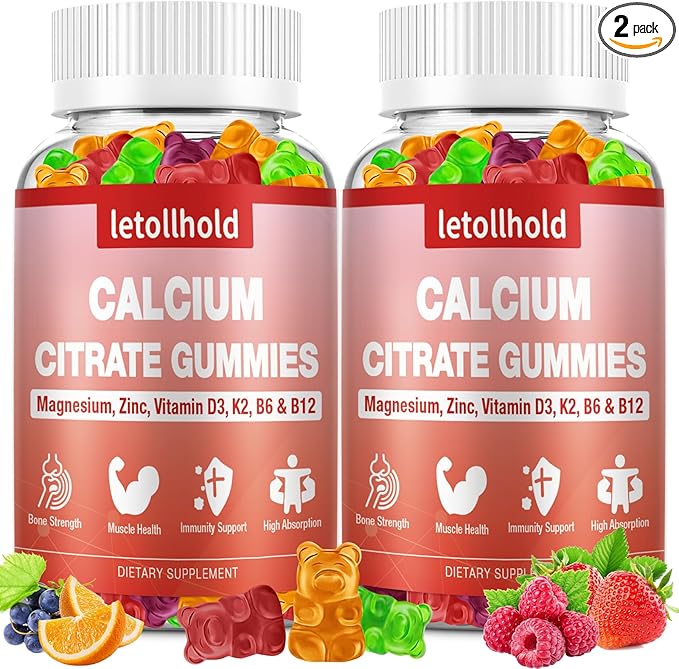 Calcium Citrate Gummies - 1200 mg Calcium Gummies with Magnesium Zinc Vitamins - Calcium Chews for Bone, Muscle, Joints, Immune Support, High Absorption Calcium Supplements for Women & Men 2 Packs