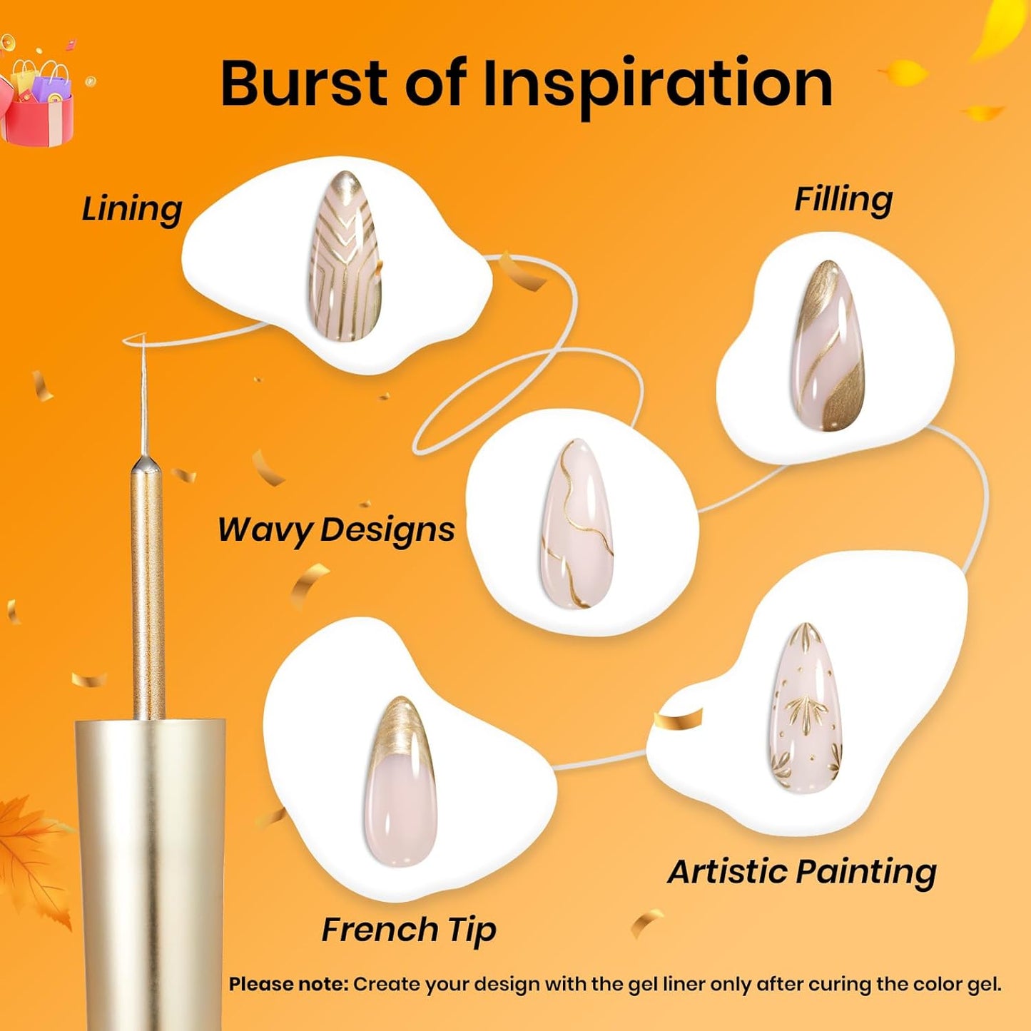 Beetles Metallic Gel Nail Polish Liner Set Silver Bronze Gold 2pcs Gel Liner Nail Art Chrome 3D High-Gloss Effect for Nail Paint Design with Thin Brush DIY French Manicure Curing Requires at Home